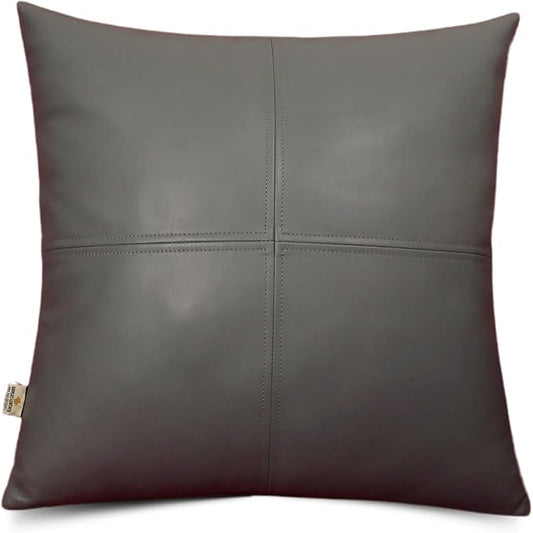 Lambskin Leather Pillow Cover, Hand Panel Stitched Leather Decorative Throw Pillow Covers for Couch Sofa Bed Living Room Garden (20x20 Inches, Grey Plain Pack of 1)