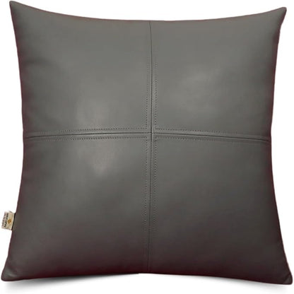 Lambskin Leather Pillow Cover, Hand Panel Stitched Leather Decorative Throw Pillow Covers for Couch Sofa Bed Living Room Garden (16x16 Inches, Grey Plain Pack of 1)