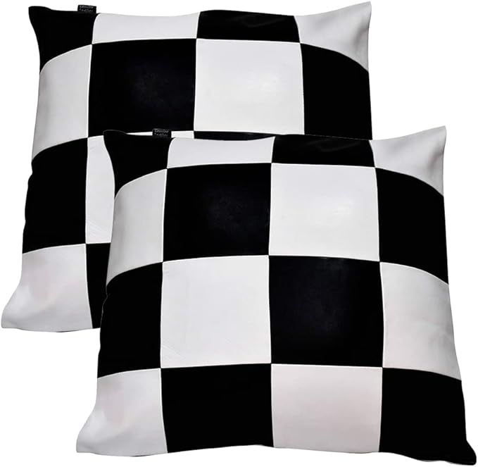 D DOLLY LAMB Lambskin Leather Pillow Cover - Sofa Cushion Case - Decorative Throw Covers for Living Room & Bedroom, 16x16 Inches - Check White & Black Pack of 2