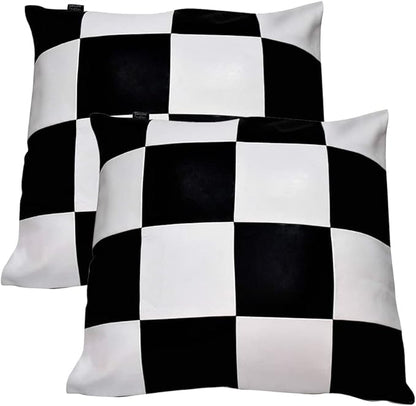 D DOLLY LAMB Lambskin Leather Pillow Cover - Sofa Cushion Case - Decorative Throw Covers for Living Room & Bedroom, 14x14 Inches - Check White & Black Pack of 2