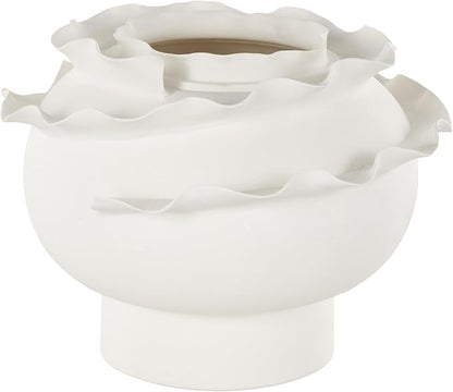 Deco 79 Ceramic Abstract Wide Rounded Floral Inspired Vase with Layered Petals, 12" x 12" x 9", White
