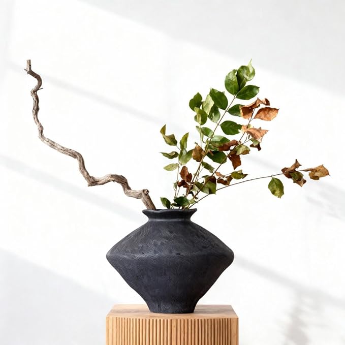 Wabi Sabi Rusty Vintage Vase, 11.4" Tall Wabi Sabi Decor Rustic Farmhouse Pottery Vase for Centerpiece, Textured Pottery Flower Vases for Home Decorative, Table, Living Room (Black, Large)