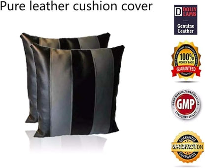 D DOLLY LAMB Lambskin Leather Pillow Cover - Sofa Cushion Case - Decorative Throw Covers for Living Room & Bedroom, 20x20 Inches - Black Grey Pack of 2