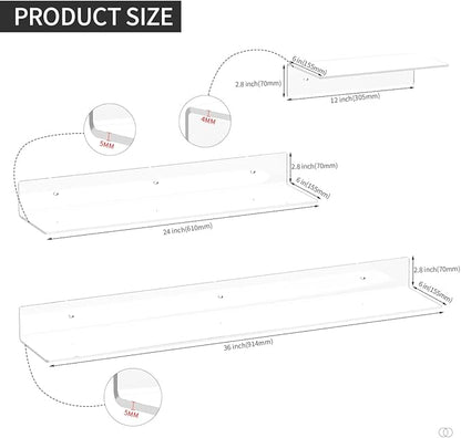 Sezanrpt Acrylic Wall Shelves 36 24 12 Inches, Clear Floating Shelf for Wall, Wall Mounted Display Shelves for Plants, Radio, Funko Pop, Stuffed Animal, Books, Clock, Cosmetics, Toiletries