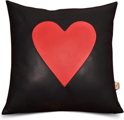 Genuine Lambskin Leather Pillow Cover, 18x18 Inch Case for Lumbar Throw Couch Pillows, Thick & Soft Cushion Covers for Sofa Bed Home Décor (Red Heart & Black Plain Pack of 1)