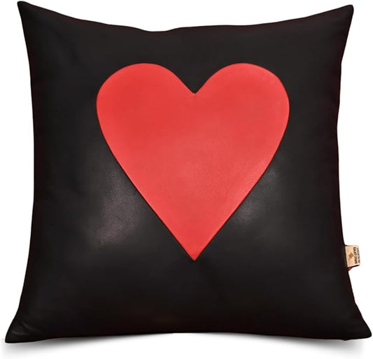 Genuine Lambskin Leather Pillow Cover, 20x20 Inch Case for Lumbar Throw Couch Pillows, Thick & Soft Cushion Covers for Sofa Bed Home Décor (Red Heart & Black Plain Pack of 1)