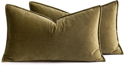 MIULEE Pack of 2 Olive Green Christmas Decorative Velvet Throw Pillow Covers Soft Pillowcases Solid Square Cushion Case for Winter Sofa Bedroom Car 12x20 Inch