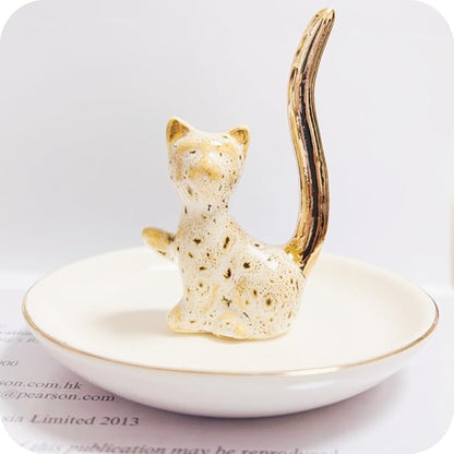 Happy Cat Natural Pattern Glazed Plated Gold Ceramic Elegant Engagement Wedding Rings Trinket Dish