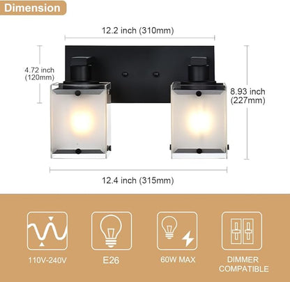Black Wall Sconce Lighting, 2-Light Bathroom Vanity Light Fixture Wall Mount Lamp Over Mirror for Bedroom Bedside Studty Living Room, Rectangular Frosted Glass Shade