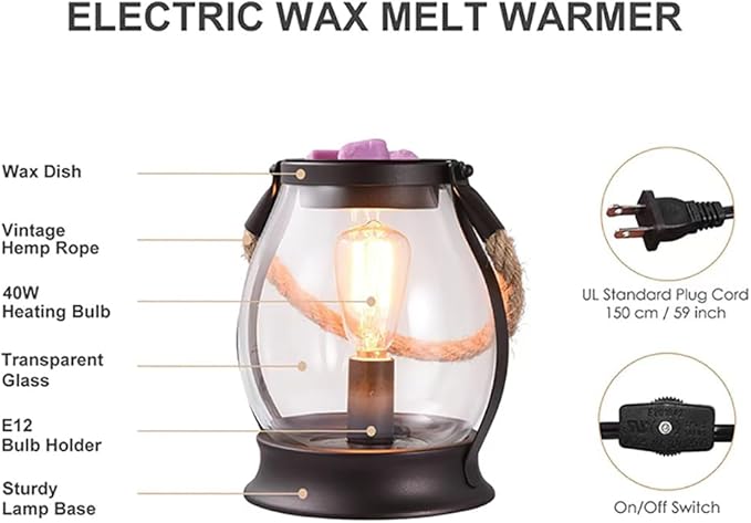 Electric Wax Melting Heater,Edison Bulb Wax Heater,Heater for Scented Wax,Oil Burner for perfumes,Home Decor (Retro, Twine Handle)