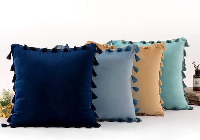 vctops Velvet Soft Solid Decorative Throw Pillow Cover with Tassels Boho Accent Cushion Case for Couch Bedroom Car Water Blue 18''x18''