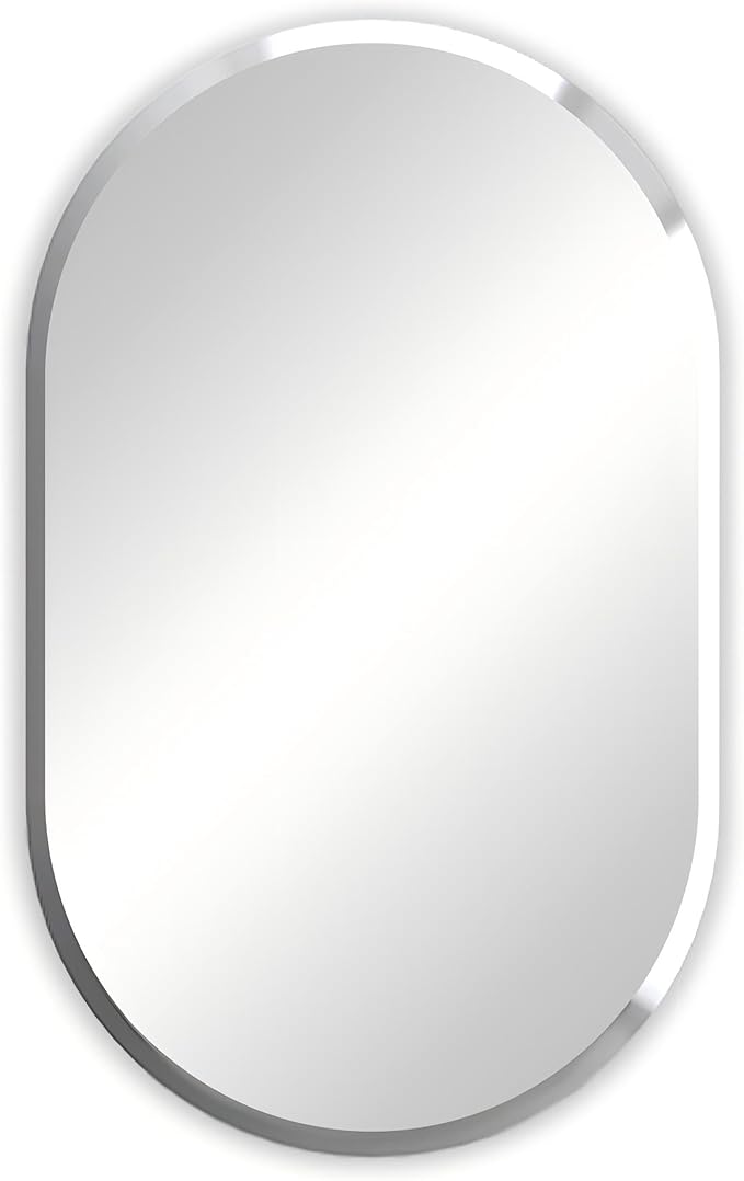 Frameless Oblong Wall Mirror: Decorative Oval Mirrored Glass Vanity with Beveled Silver Edge for Bathroom Bedroom Livingroom Dining Room Entryway Hallway, 32 x 20 inch