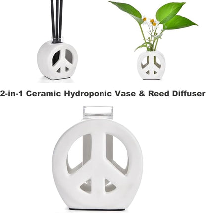 ORGJ Propagation Vase for Plants with Glass Tubes - Dual Function Ceramic Hydroponic Planter & Reed Diffuser, Peace Design Propagation Station