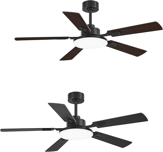 52 Inch Ceiling Fans with Lights and Remote for Bedroom Living Room Kitchen Office, Indoor/Outdoor Use, 5CCT Dimmable, 5 Blades 6 Speed Reversible Quiet DC Motor, Black/Wood Grain, 2 Pack