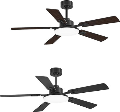 52 Inch Ceiling Fans with Lights and Remote for Bedroom Living Room Kitchen Office, Indoor/Outdoor Use, 5CCT Dimmable, 5 Blades 6 Speed Reversible Quiet DC Motor, Black/Wood Grain, 2 Pack