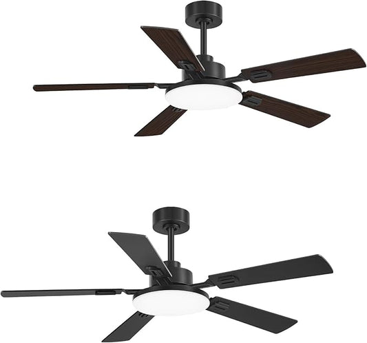 52 Inch Ceiling Fans with Lights and Remote for Bedroom Living Room Kitchen Office, Indoor/Outdoor Use, 5CCT Dimmable, 5 Blades 6 Speed Reversible Quiet DC Motor, Black/Wood Grain, 2 Pack