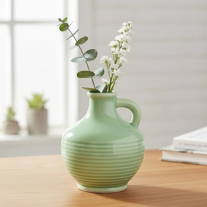 Sunddo Green Ceramic Vase 6 Inch - Small Modern Decorative Vase with 1 Handle for Home Decor, Boho Decor, Room, Bathroom, Living Room, Kitchen, Office
