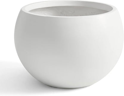 Fiberstone Sphere Planter, 19.3" Dia x 13" H Large Flower Pot with Drainage Hole and Silicone Plug, Round Plant Container for Indoor or Outdoor, 15" Opening, Large White