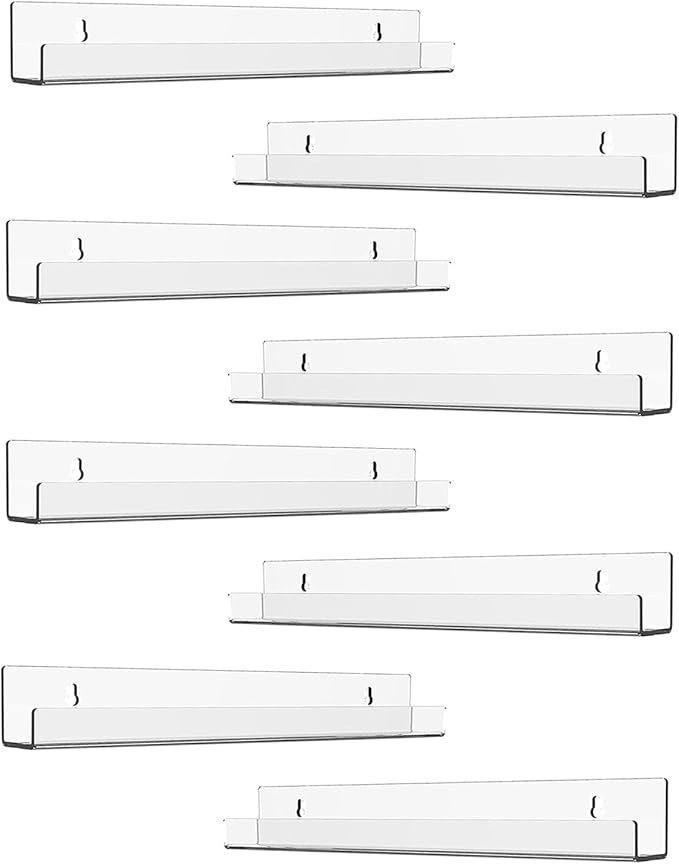 ROYALITA 8 Pack Clear Acrylic Shelves Vinyl Record Holders Wall Mount, 12 Inch Floating Vinyl Holder for Album Record/Nail Polish Display & Wall Decor