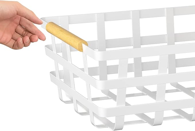 Farmhouse Baskets Wire Storage Baskets, Pantry Organizer Baskets with Wood Handle, Metal Baskets Bins for Kitchen Pantry Shelf Cabinets, White,2 pack