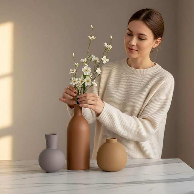 Ceramic Vase Set of 3 - Small Modern Minimalist Ceramic Bud Vases for Home Decor - Boho Aesthetic Flower Vases for Desk, Shelf & Table, Mantle, Bookshelf (Cute & Versatile) (Brown Mix)