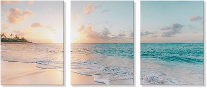 Goldfoilart 3 Pieces Beach Wall Art Sunset Bathroom Canvas Pictures Ocean Wall Decor Waves Prints Paintings for Living Room Bedroom Decorations Ready to Hang 12"x16" x 3pcs