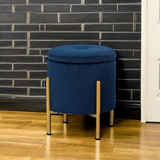 Adeco Upholstered Tufted Round Storage Ottomans, Navy Modern Velvet Footstool with Storage Space and Gold Metal Legs for Couch, Living Room, Bedroom, Entryway