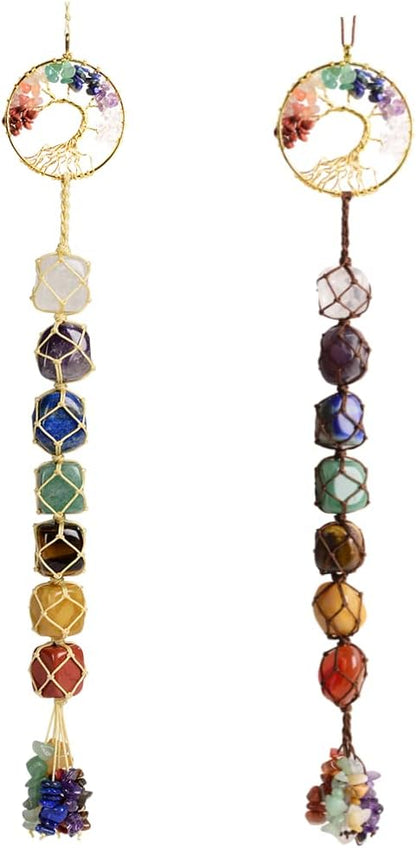 2 Pieces of 7 Chakras Healing Crystals and Tree of Life Wall Hanger Tumbled Gemstones Meditation Hanging Ornament Christmas Tree Memorial Hanging Pendant (Style 2)