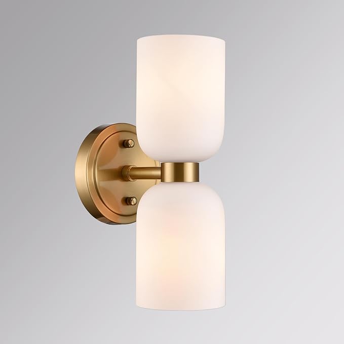CLAXY Modern Gold Bathroom Vanity Milky Glass Wall Sconce Bathroom Light Fixtures with 2-Light Dimmable