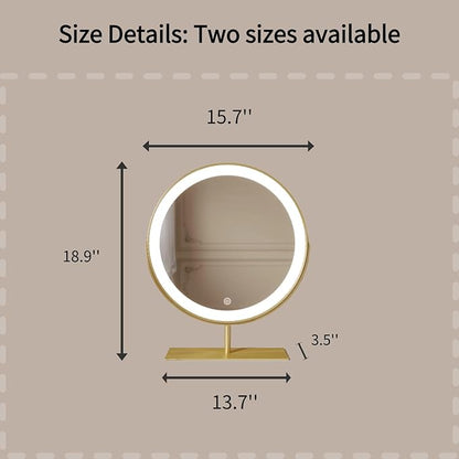 Vanity Mirror Makeup Mirror with Stand,15.8" Round Vanity Mirror, LED Lights, Smart Touch 360°Rotation, Dimmable White (Golden)