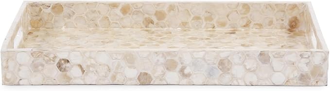 Howard Elliott Capiz Shell Wooden Serving Tray with Handle, Yellow Hexagon Capiz Shells Finish Modern Accent Rectangle Wooden Decorative Tray Platters for Breakfast, Parties, Weddings, 18 x 12 Inch