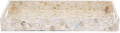 Howard Elliott Capiz Shell Wooden Serving Tray with Handle, Yellow Hexagon Capiz Shells Finish Modern Accent Rectangle Wooden Decorative Tray Platters for Breakfast, Parties, Weddings, 18 x 12 Inch