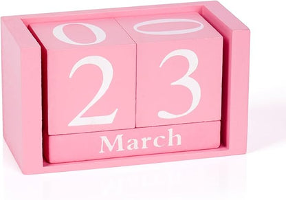 Perpetual Desk Calendar - Wooden Block Calendar for Desk, Reusable Date Display Blocks for Office & Home Decor, Teacher Classroom Accessory (Pink)