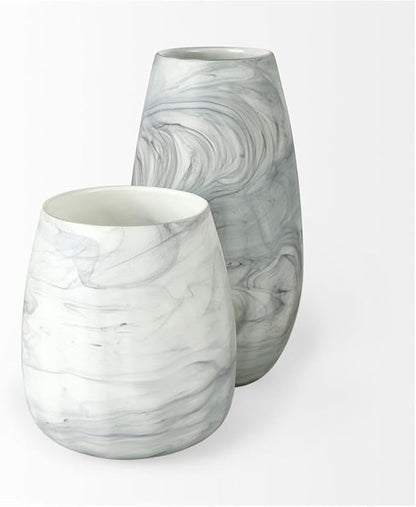 Maklaine Traditional Short Gray/Cream Ceramic Abstract Pattern Vase