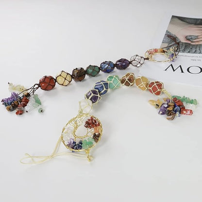 2 Pieces of 7 Chakras Healing Crystals and Tree of Life Wall Hanger Tumbled Gemstones Meditation Hanging Ornament Christmas Tree Memorial Hanging Pendant (Style 2)