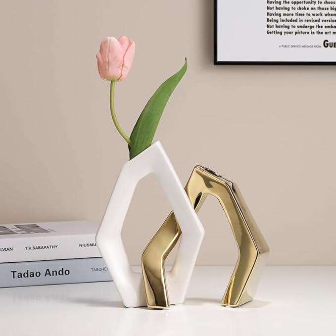 White and Gold Vase Set of 2, Modern Geometric Abstract Ceramic Flower Vase for Centerpieces, TV Stand Decor, Ideal Housewarming or Wedding Gift