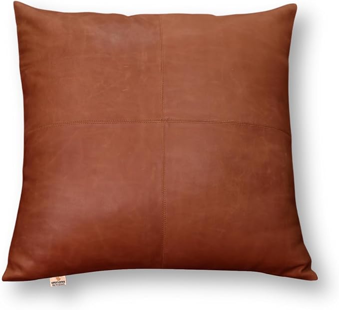 Lambskin Leather Pillow Cover - Sofa Cushion Case - Decorative Throw Covers for Living Room & Bedroom, 16x16 Inches - Orange Crunch Plain Pack of 1