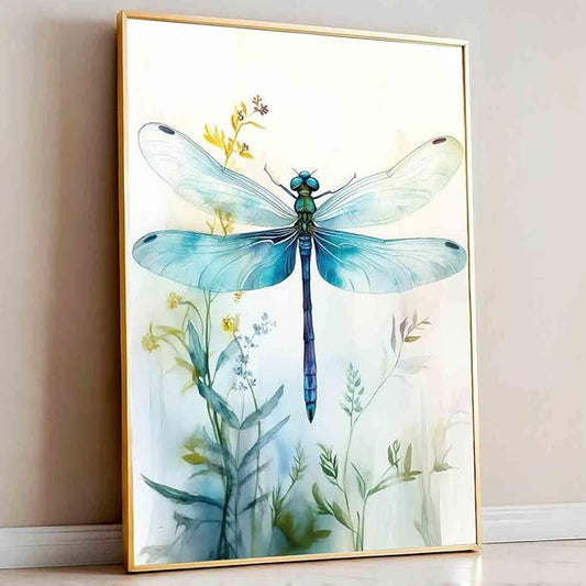 Watercolor Dragonfly Canvas Wall Art Teal Dragonfly Picture Animal Paintings Watercolor Insect Poster Vintage Insect Canvas Flowers Picture Retro Abstract Living Room Decor 16x24inch No Frame
