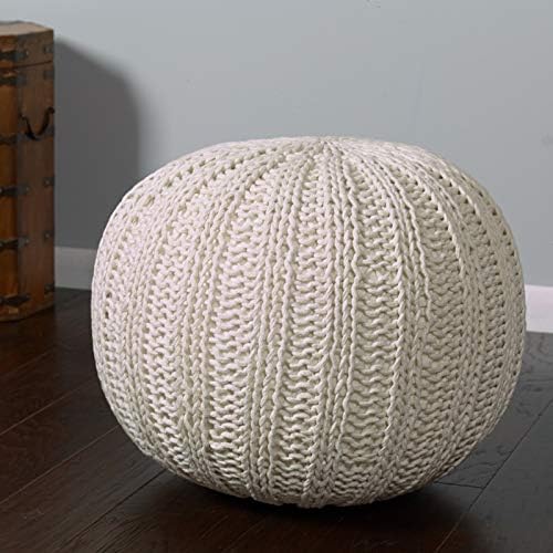 LR Home Beige Cableknit Round Cotton Ottoman for Home Décor | Hand-Made Farmhouse Foot Rest for Bedroom & Living Room Décor | 20 x 20 x 16 Stuffed Pouf for Seating