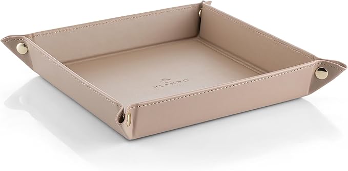 Vlando Valet Tray for Men Women, Nightstand Organizer Vanity Catchall Holder for Dresser Desk Storage Bedside, PU Leather Travel Jewelry Key Bowl for Watches, Candy Entryway - Large, Toffee
