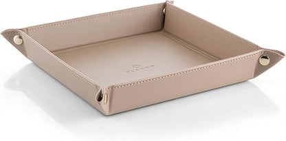Vlando Valet Tray for Men Women, Nightstand Organizer Vanity Catchall Holder for Dresser Desk Storage Bedside, PU Leather Travel Jewelry Key Bowl for Watches, Candy Entryway - Large, Toffee
