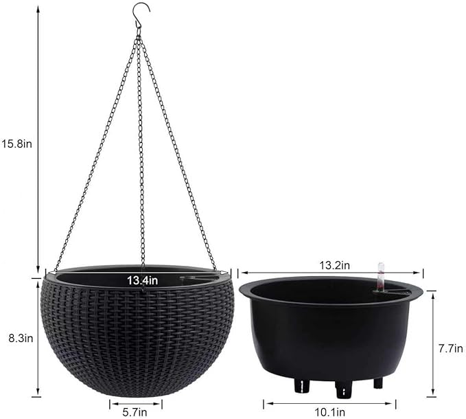 2Pack 13.5" High Hanging Planters for Outdoor/Indoor Plants, Self Watering Hanging Pot with Water Level Indicato, Drainage Holes and Chain for Garden Porch, Black