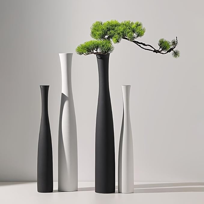 Matte Black Vase 2PCs| Minimalist Vase for Home Decor | Tall Skinny Vases | 3D Printed Plastic Faux Ceramic Cylinder | Aesthetic Single Stem Holder for Wedding Living Room Table Centerpiece (White)