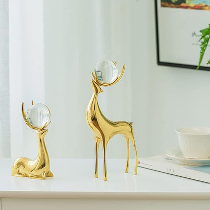 Sziqiqi Brass Reindeer Sculptures Animal Figurine Statues Christmas Deer Pure Copper Heavy Reindeer Ornaments for Home Decor Accents Living Room Office Bookself Tabletop Mantle Decoration