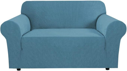 H.VERSAILTEX Stretch Couch Cover Couch Slipcovers for 2 Cushion Couch Washable Couch Covers 1 Piece with Elastic Bottom, Textured Checked Jacquard Fabric(Loveseat 58"-70" Wide, Storm Blue)