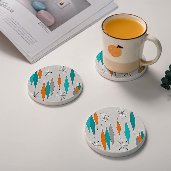 HUXJOKO Coasters for Drinks Set of 6,Mid Century Modern Diamonds Teal Absorbent Ceramic Coaster,Round Stone Mat,with Cork Base and Metal Holder for Coffee Table Room Bar Home Decor Housewarming Gifts