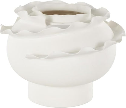 Deco 79 Ceramic Abstract Wide Rounded Floral Inspired Vase with Layered Petals, 12" x 12" x 9", White