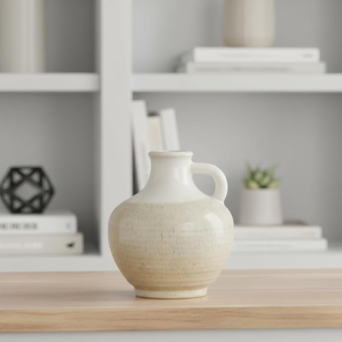 Sunddo Beige Ceramic Vase - 6 Inch Small Modern Vase with 1 Handles, Pitcher Farmhouse Vases Home Decor, Neutral Beige Centerpiece for Living Room Bedroom Table and Kitchen Shelf Decorative