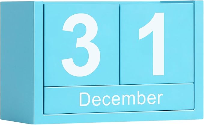 Wooden Block Calendar for Desk, Small Size Daily Desktop Perpetual Desk Calendar, Cute Date Display Desk Accessories for Home Office Decor, Teacher, Classroom, Reusable Yearly, Blue