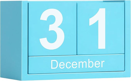 Wooden Block Calendar for Desk, Small Size Daily Desktop Perpetual Desk Calendar, Cute Date Display Desk Accessories for Home Office Decor, Teacher, Classroom, Reusable Yearly, Blue